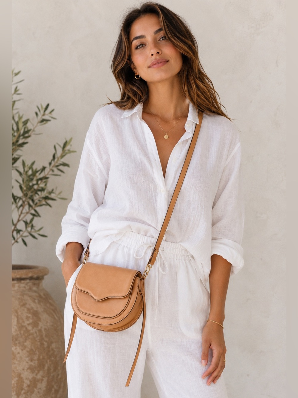Rebecca Minkoff Tan Leather Crossbody Saddle mini bag – Tassel  & Printed Lining